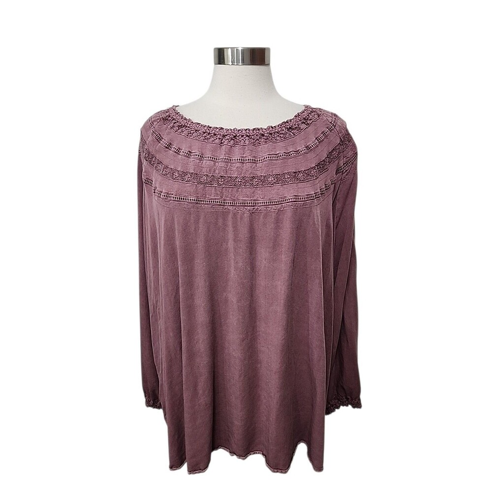Torrid Womens Top Size 4 Mauve Peasant Top Crochet Lace Trim Long Slv Boho 4X